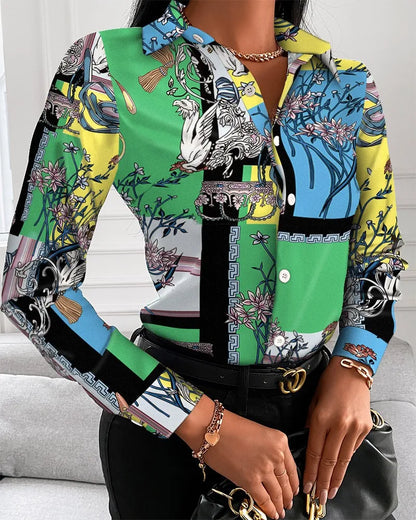 Camisas de moda para mujer con estampado de cadenas, flores, letras y cuadrados geométricos, cuello vuelto, manga larga