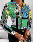 Women's Fashion Wild Shirts Chain/Floral/Letter/Geometric Square Print Turn-Down Collar Long Sleeve Blouses