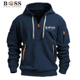 Men's hooded sweatshirt, casual sports pullover, retro Harajuku long-sleeved zipper, multiple pockets, casual loose jacket, stre