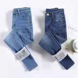 Women's Thermal Jeans Winter Snow Warm Plush Stretch Jeans Lady Skinny Thick Fleece Denim Long Pants Retro Blue Pencil Trousers