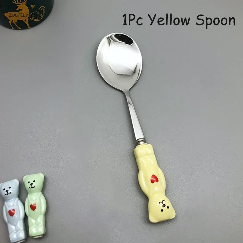 New Cute Bear Spoon Fork Ceramic Dessert Milk Fruit Salad Spoons Cartoon Flatware Kid Cutlery Tableware School Picnic Dinnerware
