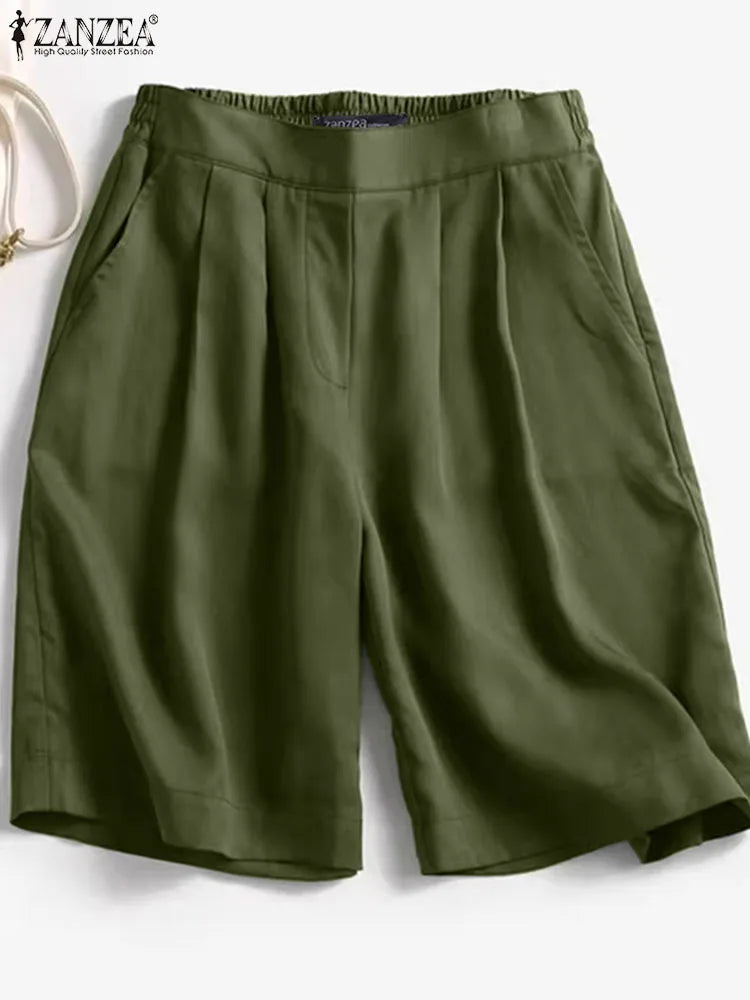 ZANZEA Women Elastic Waist Shorts Korean Solid Wide Leg Trousers 2024 Summer Casual Loose Pants Holiday Pleated Pockets Shorts