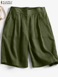 ZANZEA Women Elastic Waist Shorts Korean Solid Wide Leg Trousers 2024 Summer Casual Loose Pants Holiday Pleated Pockets Shorts