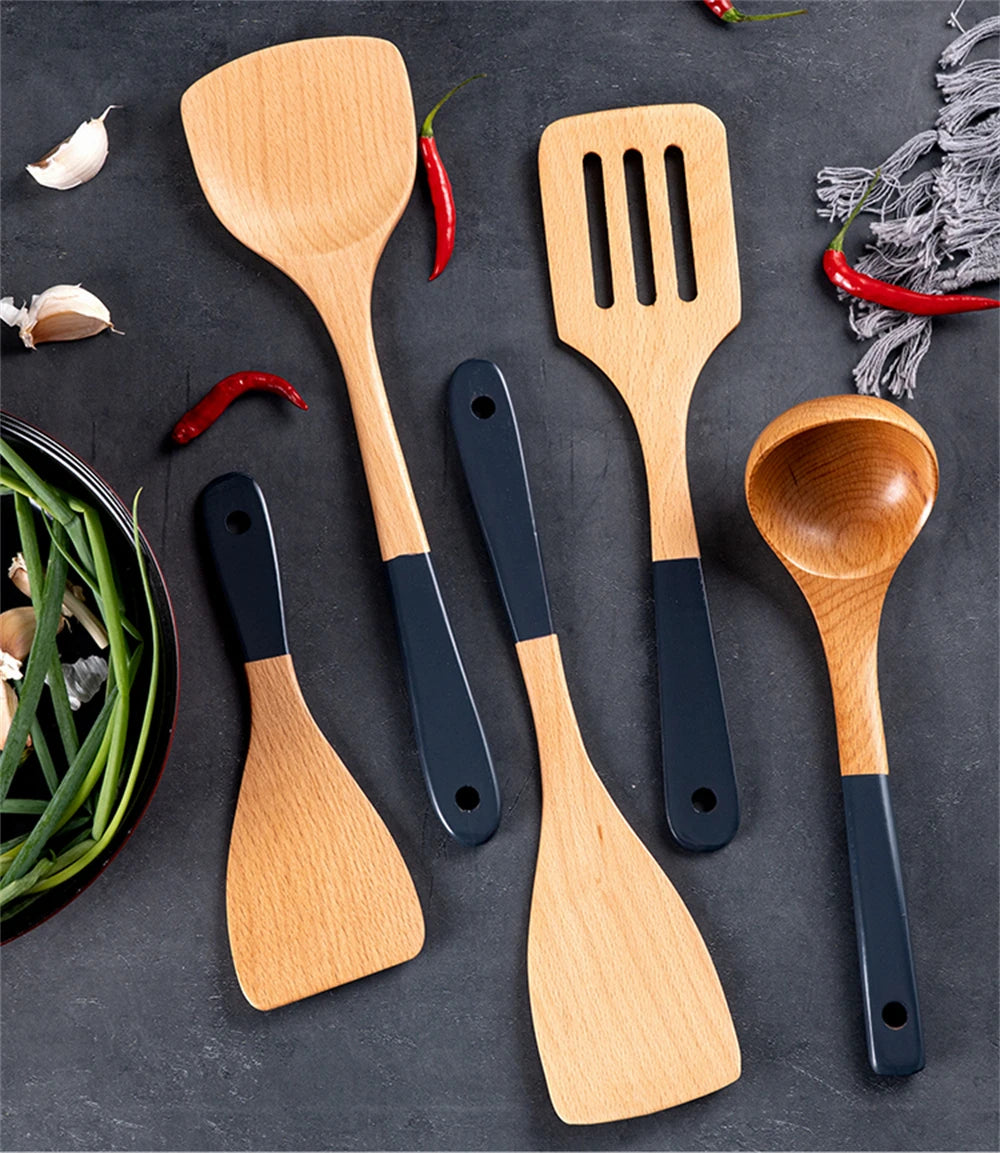 Espátula de madera con mango largo para cocinar, antiadherente, para saltear, resistente al calor, para el hogar, accesorio de cocina