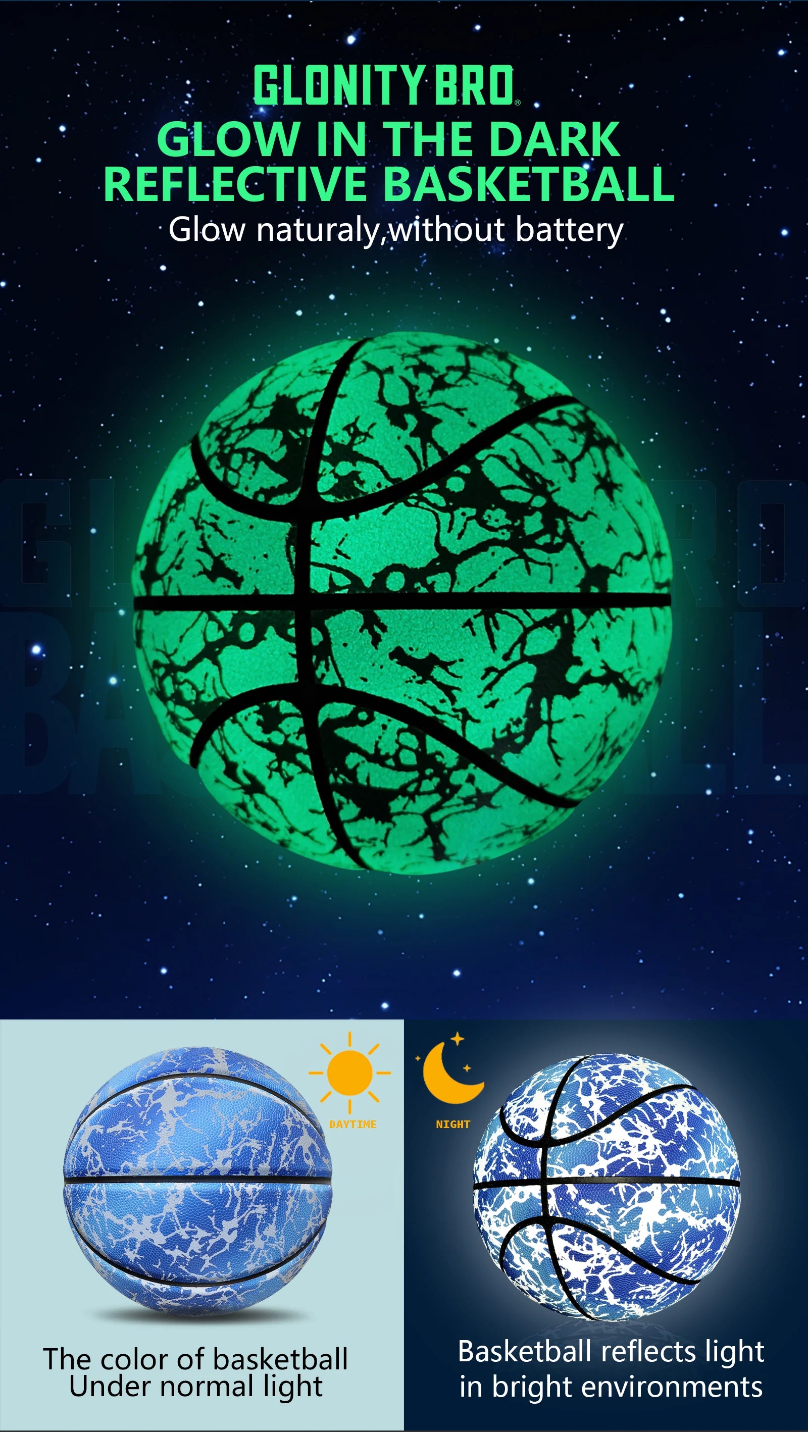 Glow Reflective Basketball Adult & Children Youth Wear-resistant Luminous Basketball Size 7/6/5 PU Soft Leather Game Training Ball