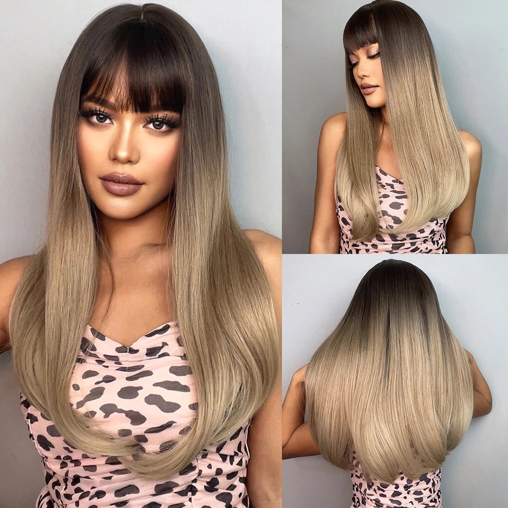 Light Wine Red Synthetic Wigs With Bangs for Women, Long Straight Hair Wig, Natural Cosplay Party, Heat Resistant