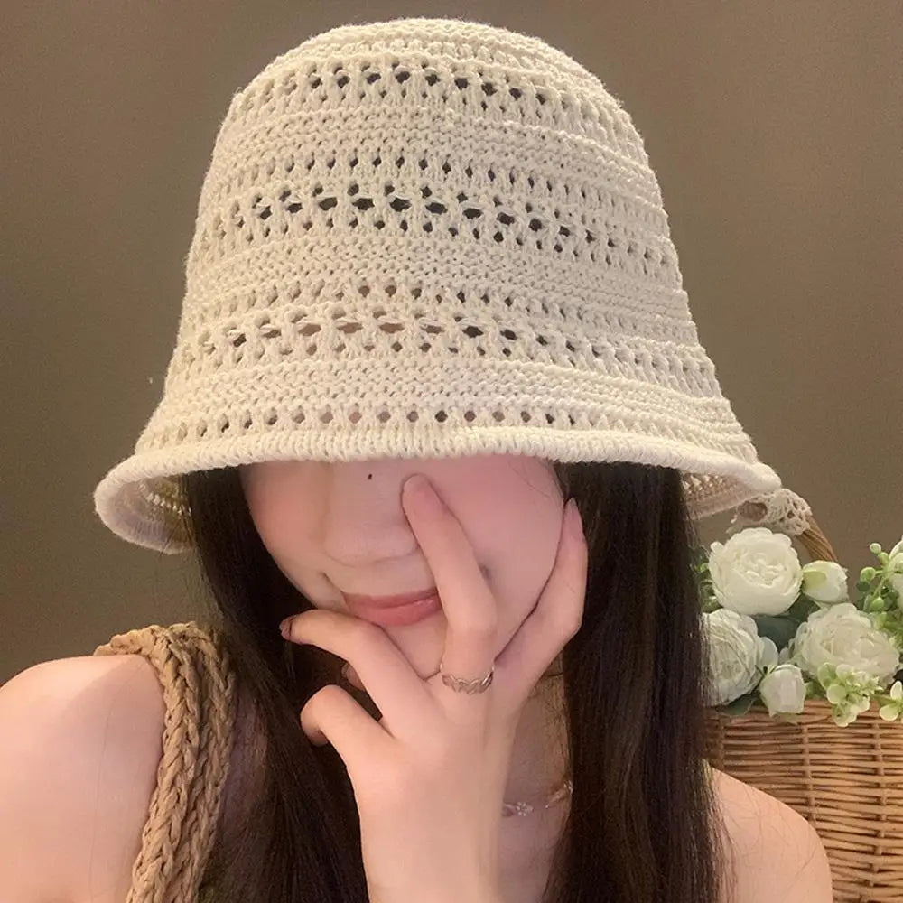 Hollow Out Crochet Sun Hat Wide Brim Bucket Hat Knitted Fisherman Hat Foldable Visor Small Fresh Simple Outdoor Casual Beach Cap