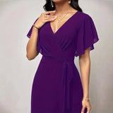 Women's New Solid V Neck Flutter Sleeve Tie Waist Split Wide Leg Jumpsuit Elegant Slimming Versatile Party Daily Casual Jumpsuit