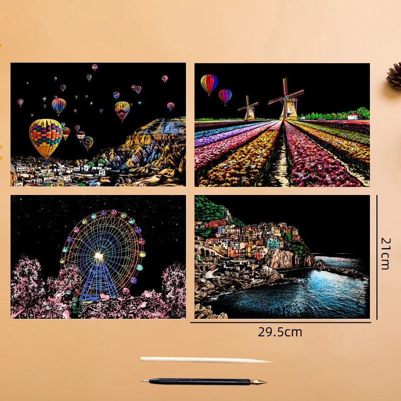 2 Sheets Scratch Paper Art Kit DIY Craft World Landmarks Animals City Scene Stylus Drawing Toy Adult Stress Relief Creative Gift