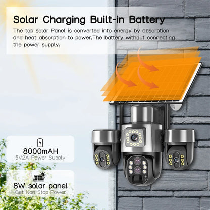 20MP 4G Sim Solar Camera WiFi 10X Optical Zoom 3-PTZ 4-Lens 3-Screens Outdoor Wireless Security Cameras Auto Tracking CCTV V380