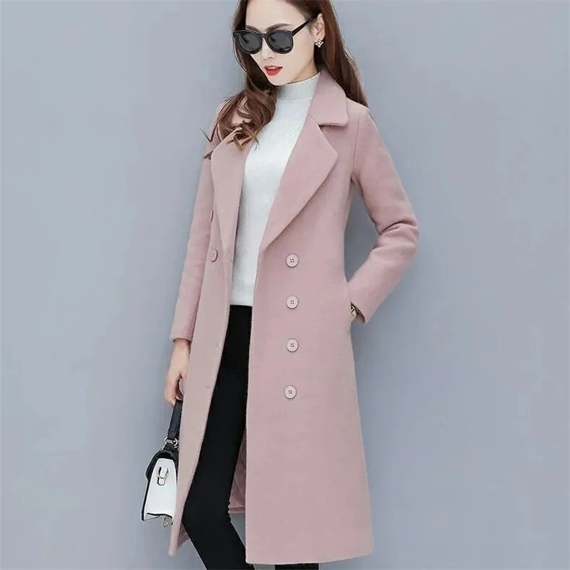 Female Woolen Coat Velvet 2023 Women's Double-Breasted Woolen Coat Spring and Autumn Woolen Coat Fashion Suit Collar ThickTrench