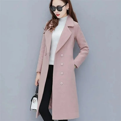 Female Woolen Coat Velvet 2023 Women's Double-Breasted Woolen Coat Spring and Autumn Woolen Coat Fashion Suit Collar ThickTrench