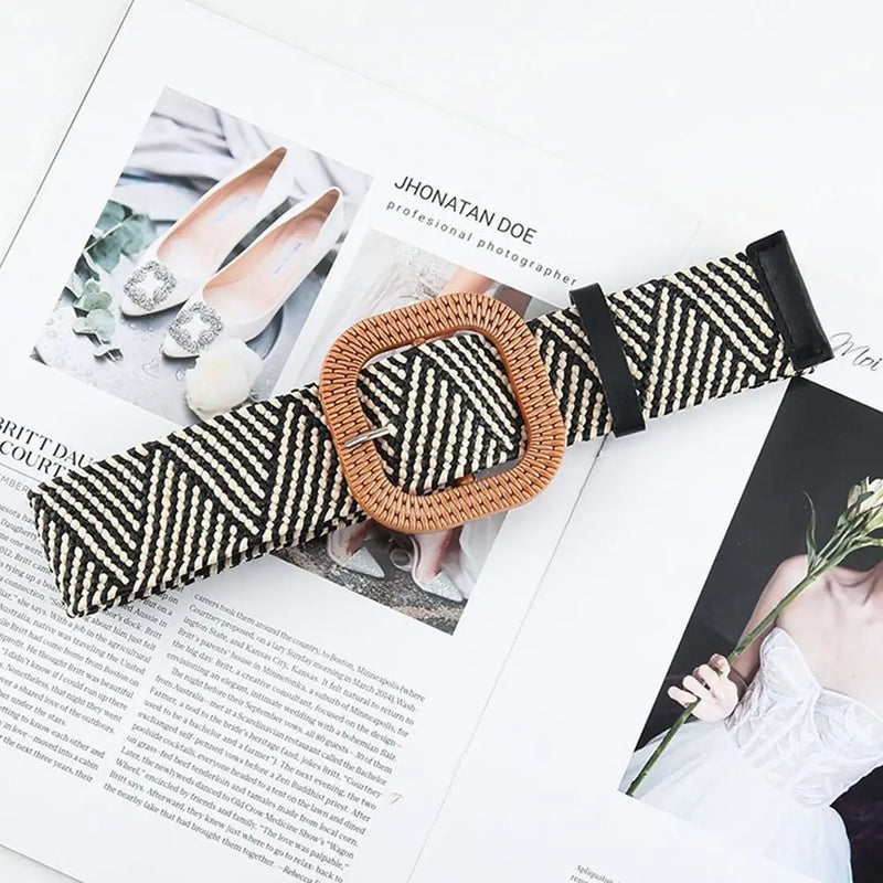 Summer Fashion Women Straw Belt Casual Bohemian Wide Summer Braided Waistbelt  Buckle Elastic Female Straw Waist Belt