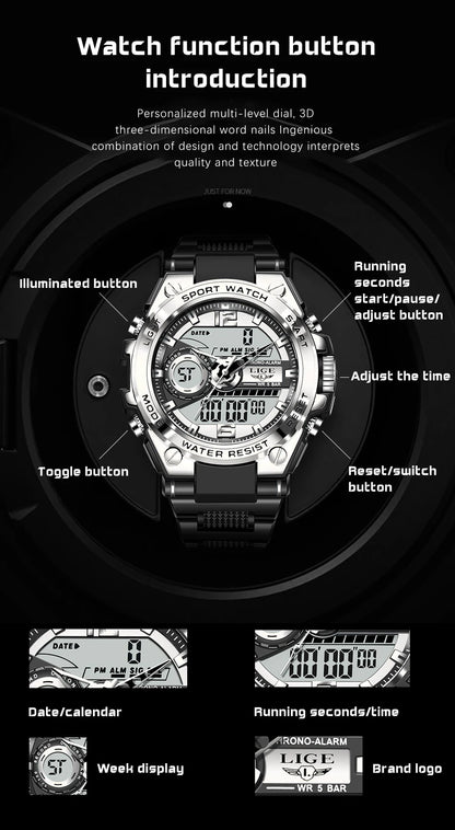 Reloj militar LIGE para hombre, digital, resistente al agua hasta 50 m, LED, de cuarzo, deportivo, grande, Masculino
