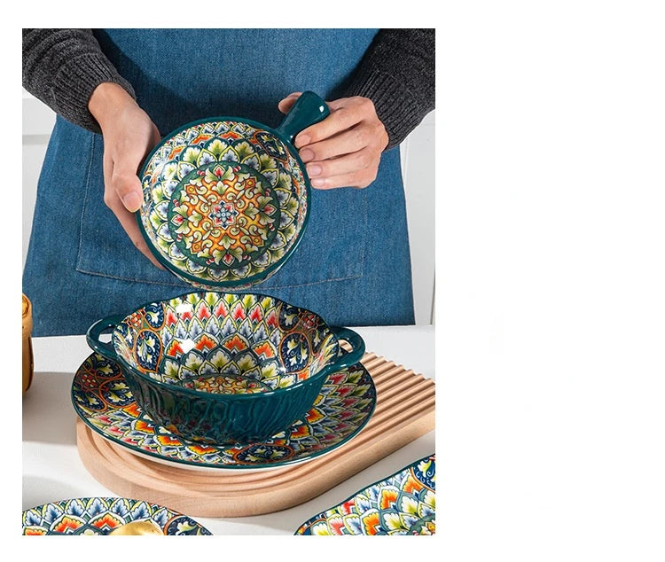 1Pcs Bohemia Retro Ceramic Dinner Plates Sets Food Plate Household Tableware Set Breakfast Plates Salad Soup Bowls Dinnerware
