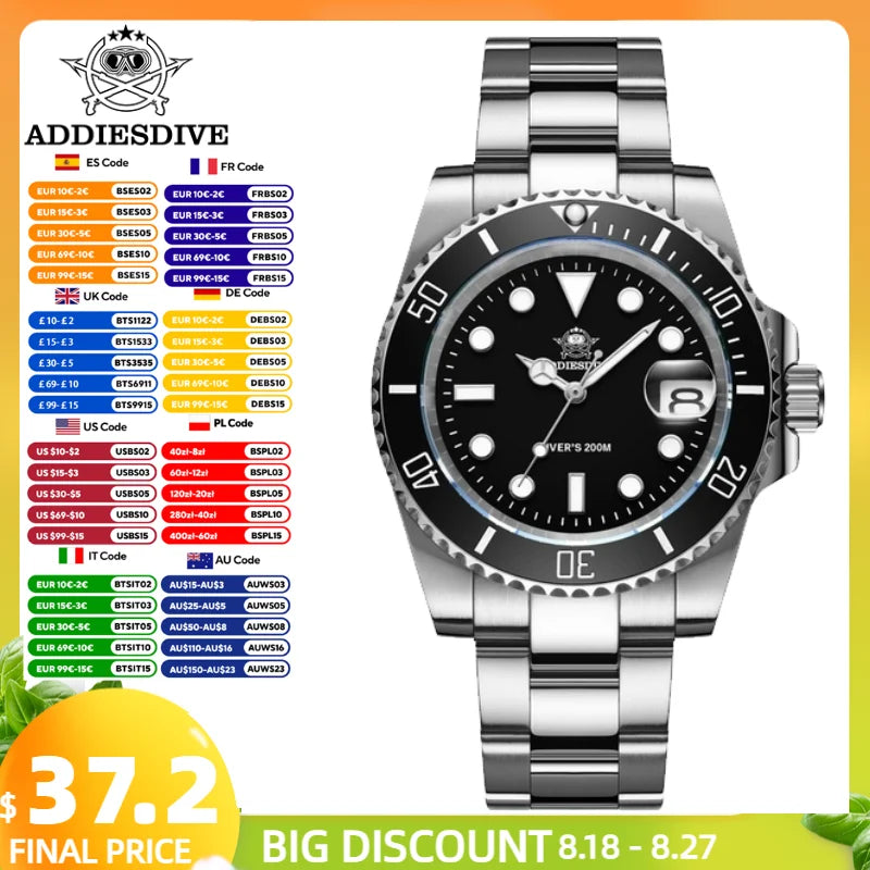 ADDIESDIVE Quartz Watch for Men 316L Stainless Steel Super Luminous Ceramic Bezel 200m Waterproof Classic Diving Men's Watch