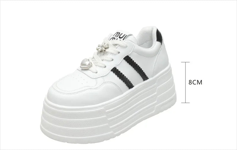 8cm Leather Flats Casual Dad Shoes Chunky Sneakers 2025 Women Platform Sports Shoes Ladies Skateboard Hidden Heels Shoes Tennis