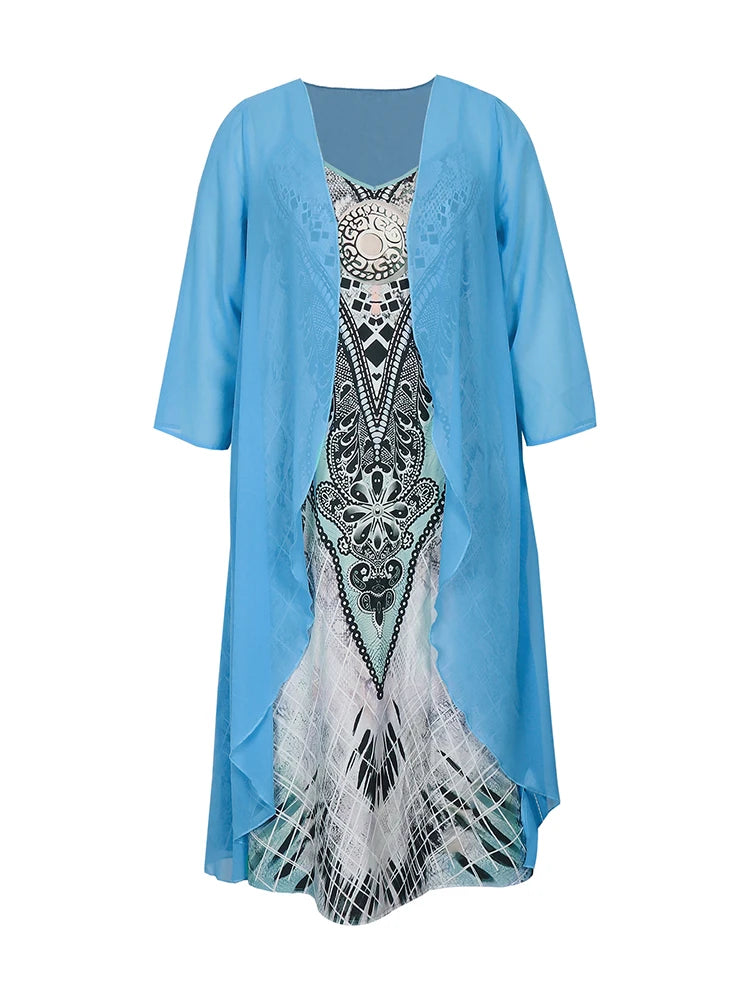 Conjuntos de vestido casual plus size sólido frente aberta e conjuntos de vestido estampado gráfico roupas femininas plus size