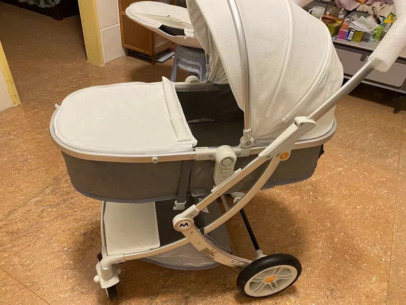 Baby Stroller 3in1,Luxury Baby Carriage with Car Seat,Eggshell Newborn Stroller Leather High Landscape PU leather