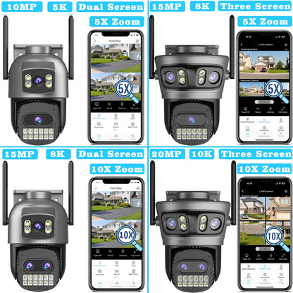 20MP Outdoors Wifi Camera 10K HD Three Lens Security 5G PTZ IP Camera 10X Digital Zoom Lens Human AI Auto Detect Tracking Camera