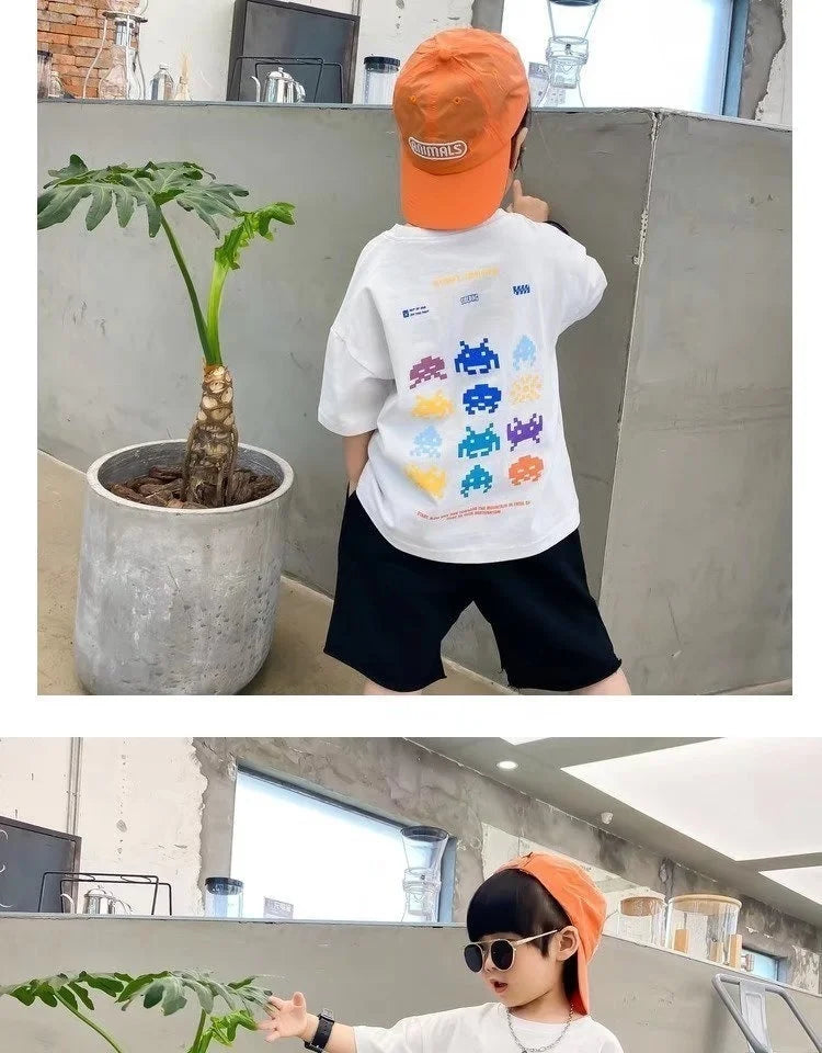 Camiseta de manga corta de verano para niños, Top de cuello redondo para niños pequeños y medianos, moda informal versátil de media manga