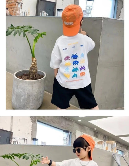 Camiseta de manga corta de verano para niños, Top de cuello redondo para niños pequeños y medianos, moda informal versátil de media manga