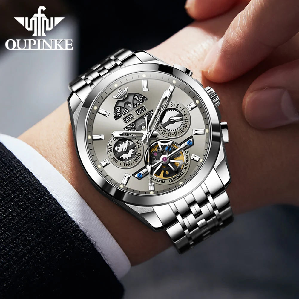 OUPINKE 3251 Skeleton Flywheel Automatic Watch for Men Stainless Steel Waterproof Wristwatch Luxury Sapphire Mirror Men's Watch
