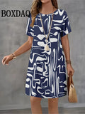 Summer Retro Women's Dresses Short Sleeve Plaid Print Casual Crew-Neck Loose Dress Fashion Streetwear Female Plus Size Clothing