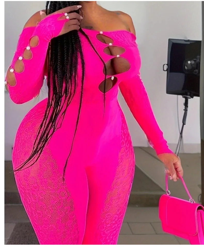 OSEN-Winter Sexy Thick Women one Piece Outfit Chic Hollow Rhinestones Slash Neck Patchwork Leggings Stretch Matching Clubwear