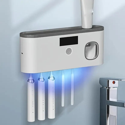 1 Intelligent Toothbrush Sterilizer, Wall Mounted Toothbrush Holder with Toothpaste Dispenser, Toothbrush Disinfection Device