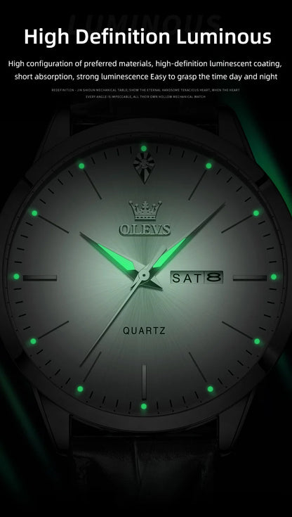 Reloj de vestir de cuarzo OLEVS 2935 con calendario dual para hombre, sencillo y original, de cuero, resistente al agua, luminoso, para negocios.