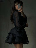 Oymimi Fashion Black Rhinestone Women's Dress Casual Lapel Long Sleeve Button Dresses Elegant New Lace-Up Pleated Mini Dresses