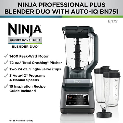 Ninja BN751 Professional Plus DUO Blender, 1400 Peak Watts, 72-oz. Total Crushing Pitcher & (2) 24 oz. To-Go Cups, Black
