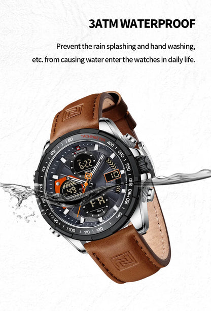 NAVIFORCE 2021 - Reloj deportivo para hombre, resistente al agua, con pantalla dual, luminoso, de cuarzo y cuero genuino, masculino