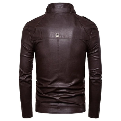 Autumn New Men's Casual Fashion Standing Neck Slim Fit PU Leather Jacket Solid Leather Jacket Men's Windproof Motorcycle