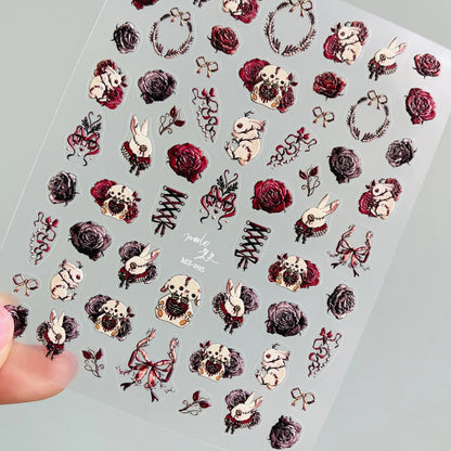 Thorns Rose Bloody Bunny 5D Embossed Reliefs Self Adhesive Nail Art Stickers Dark Style 3D Nail Decorations Decals Wholesale