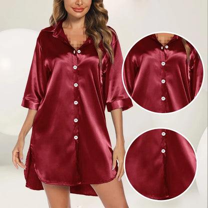 Camisón de dormir de color liso para mujer, de media manga, con una hilera de botones, holgado, para uso doméstico.