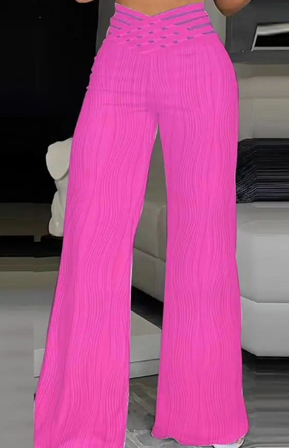 Fashion Office Ladies Trousers Elegant Crisscross Sheer Mesh Patch Casual High Waist Flared Pants for Women Clothes 2023 Summer