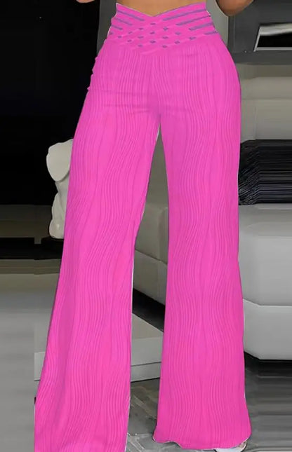 Fashion Office Ladies Trousers Elegant Crisscross Sheer Mesh Patch Casual High Waist Flared Pants for Women Clothes 2023 Summer