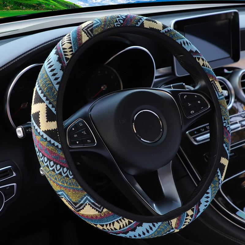 1 linen breathable fabric Bohemian style automotive supplies without inner ring steering wheel cover fits 14.5-15 inches