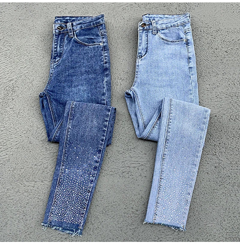 Spring Summer 2024 New Fashion Harem Denim Pants Female Rhinestones Korean Version High Waist Slim Elastic Jeans Pencil Pants