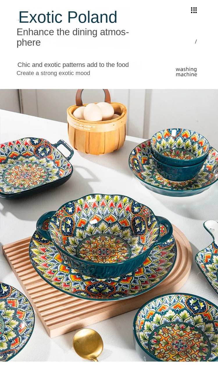 1Pcs Bohemia Retro Ceramic Dinner Plates Sets Food Plate Household Tableware Set Breakfast Plates Salad Soup Bowls Dinnerware