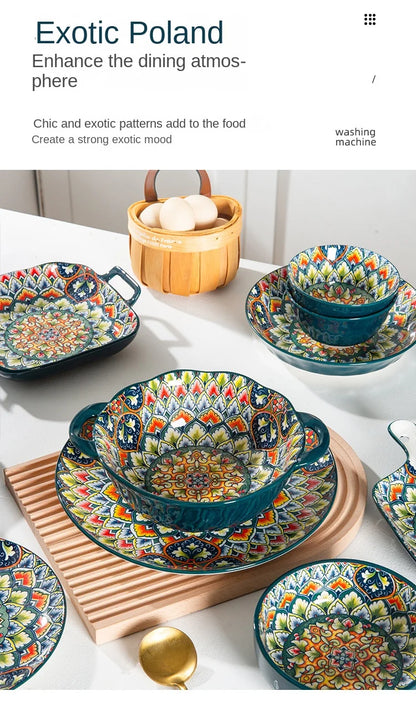 1Pcs Bohemia Retro Ceramic Dinner Plates Sets Food Plate Household Tableware Set Breakfast Plates Salad Soup Bowls Dinnerware