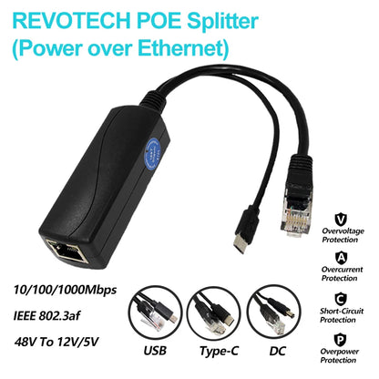 Revotech Gigabit PoE Splitter Micro USB/Type-C/DC IEEE 802.3af 10/100/1000Mbps Power over Ethernet for IP Camera / Raspberry PI