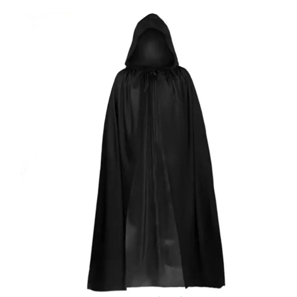 Capa de Halloween Unissex Preta com Capuz – Estilo Bruxa/Mago, Longa e Macia – Ideal para Cosplay, Fantasias, Festas, Apresentações e Decoração