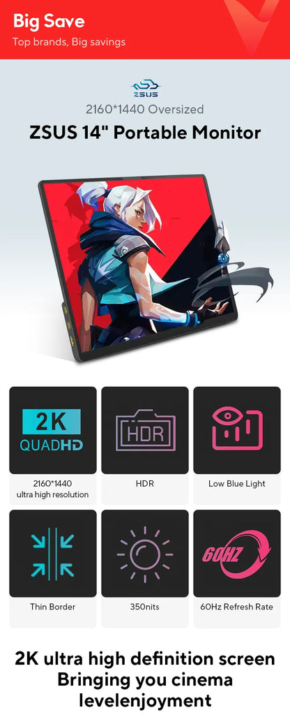 ZSUS 2160*1440  14-inch 2K Portable Monitor 60HZ For Laptop XBox PS4 / 5 Switch TV Box Cell Phone PC Extension  Mobile