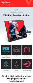 ZSUS 2160*1440  14-inch 2K Portable Monitor 60HZ For Laptop XBox PS4 / 5 Switch TV Box Cell Phone PC Extension  Mobile