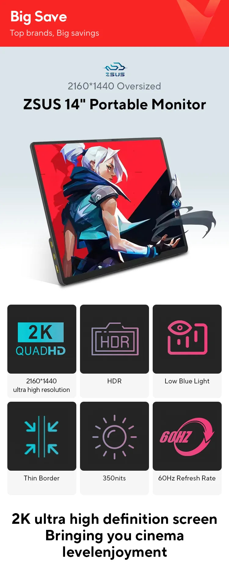 ZSUS 2160*1440  14-inch 2K Portable Monitor 60HZ For Laptop XBox PS4 / 5 Switch TV Box Cell Phone PC Extension  Mobile