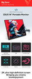 ZSUS 2160*1440  14-inch 2K Portable Monitor 60HZ For Laptop XBox PS4 / 5 Switch TV Box Cell Phone PC Extension  Mobile