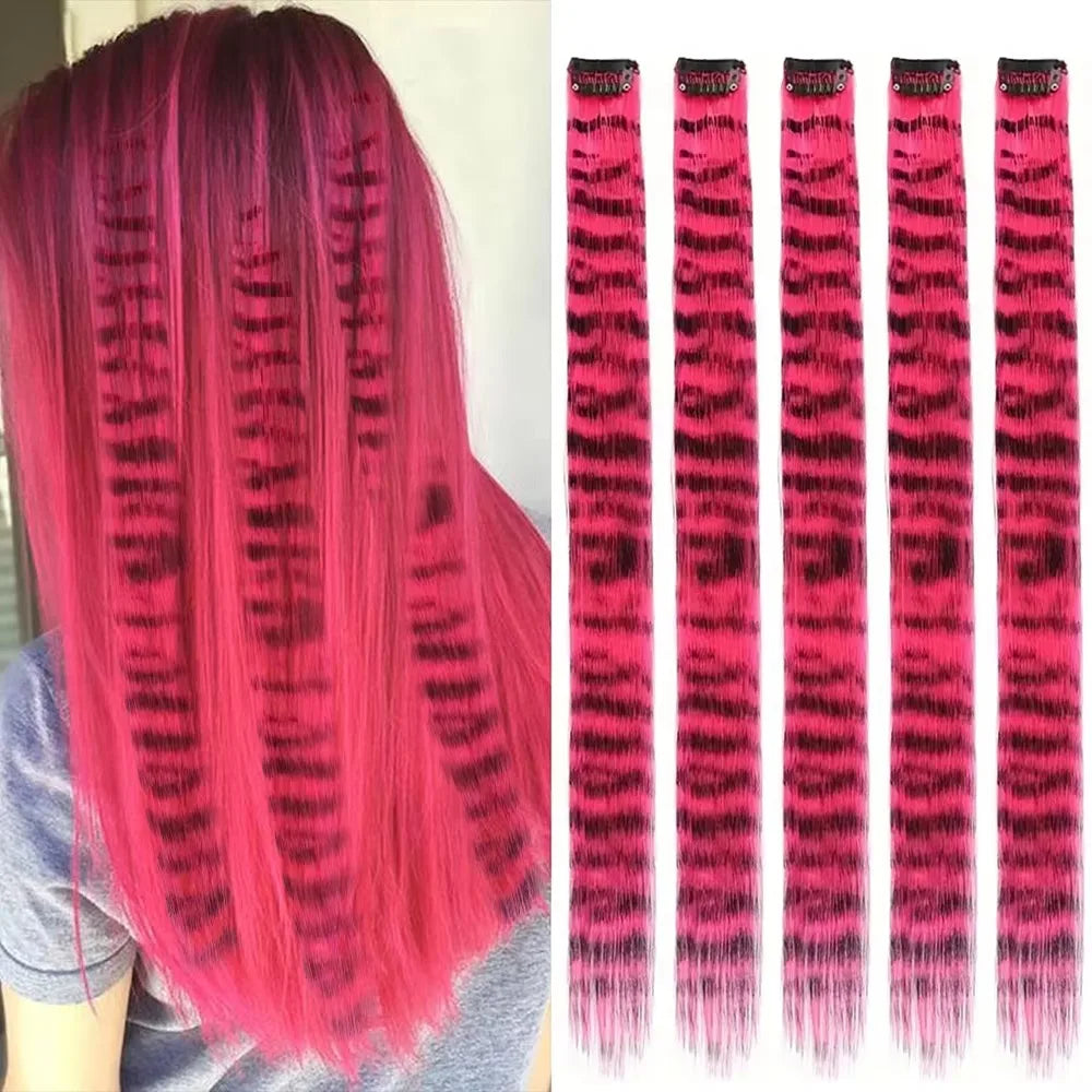 New Stripe Printed Clip-in Hair Extensions Synthetic Straight Hair Highlights Colorful 18 Inch Wig Hairpieces for Girls